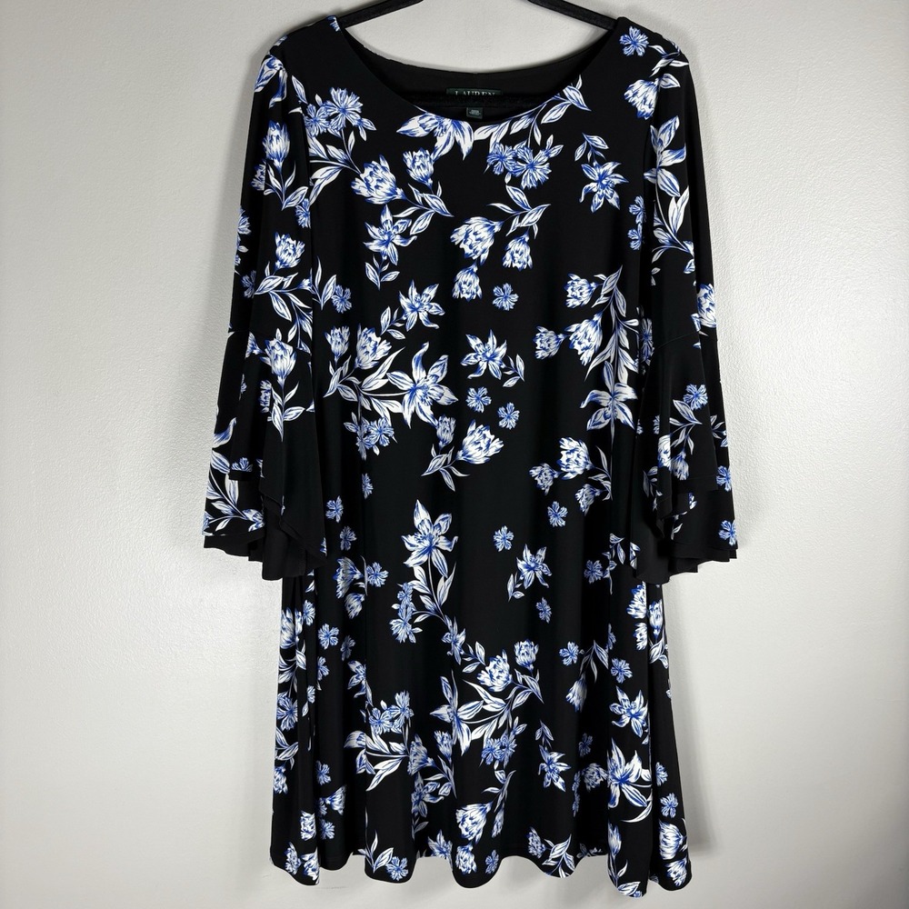 Lauren Ralph Lauren 14 Black Blue Floral 3/4 Bell Sleeve Lined A Line‎ Dress NWT
